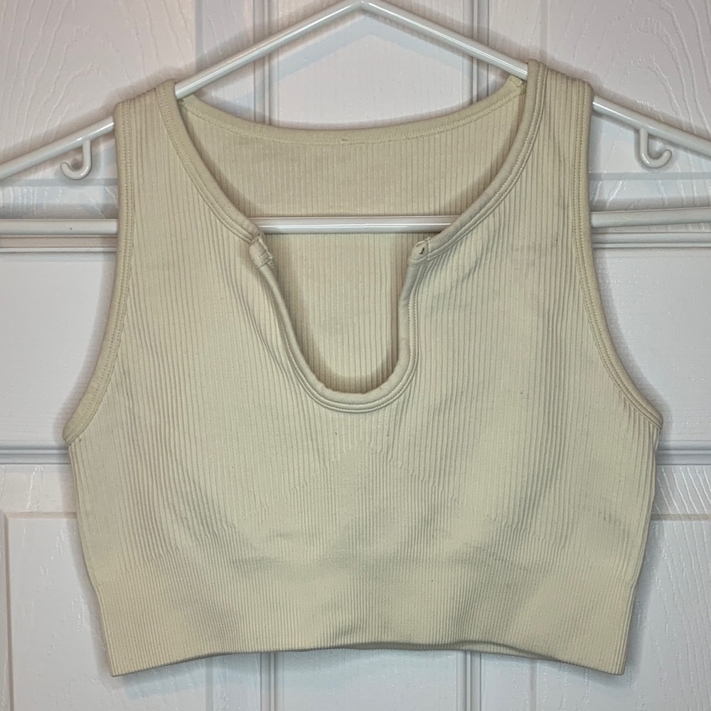 Cream Ribbed Sleeveless Crop Top